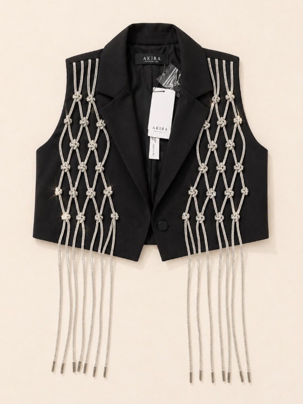 AKIRA Rhinestone Fringe Cropped Blazer Vest NWT Size S
